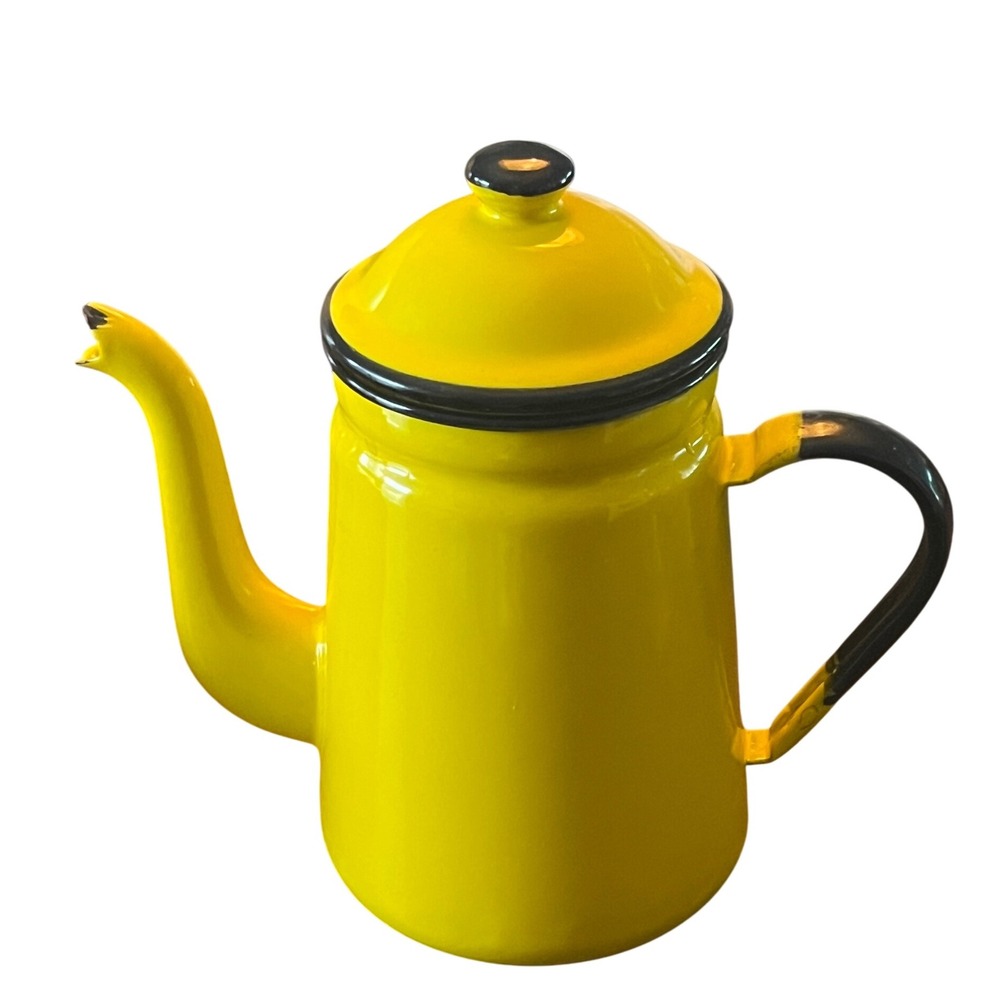 Vtg Yellow and Black‎ Enamel Noda Hora Japan Coffee Teapot Kettle 9"